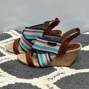Anne Klein Sport Striped Multicolor Wedge Sandals with Brown Trim